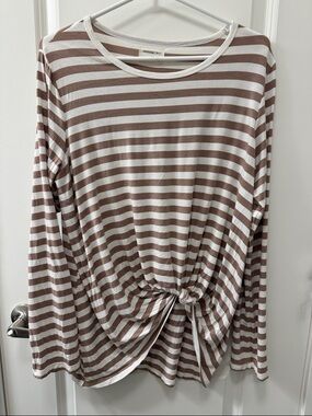 Jackson Rowe Striped Knot-Front Long Sleeve Tee - White & Tan. Cottagecore Beach
